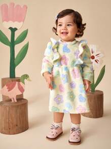 SHEIN 女宝宝时尚珊瑚绒长袖卡通花卉印花连衣裙，秋冬 - 黃色 - 查看 6