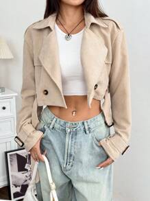 Muchica 女士缺口翻领前排纽扣长袖短款风衣，适合日常休闲 - 卡其色 - 查看 3