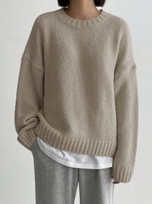 DAZY Women's Solid Color Round Neck Drop Shoulder Long Sleeve Casual Sweater, Fall & Winter - Khaki - View 5