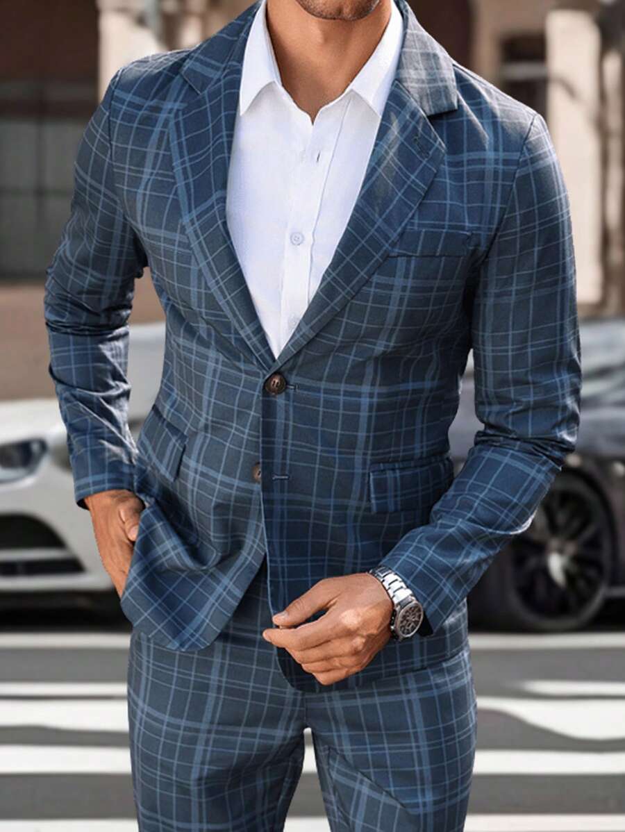 Manfinity Mode Bộ vest kẻ caro và quần âu nam - Màu xanh hải quân - Xem 1