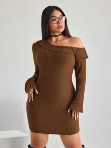 SHEIN ICON ICON 大码女式露肩长袖针织紧身连衣裙 - 棕色 - 查看 3