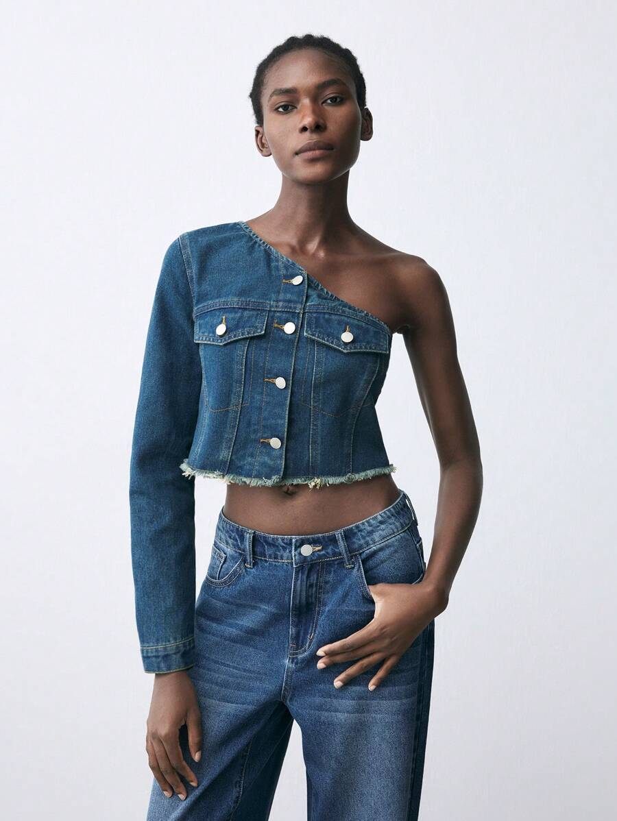 Maija 1 chiếc áo khoác denim dài tay một bên vai màu xanh dành cho nữ - Rửa trung bình - Xem 1