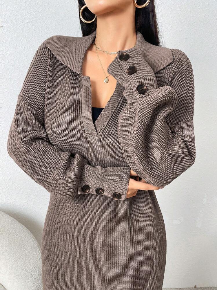 Mulvari 女士秋冬马球领纯色罗纹长袖针织毛衣裙 - 駝色 - 查看 2