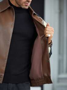 Manfinity RelaxMax Men's Autumn Contrast Color Long Sleeve PU Leather Single Breasted Casual Jacket