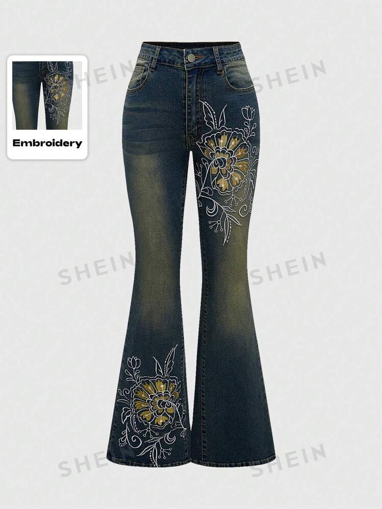 ROMWE Hippie Vintage Hippie Flower Cluster Embroidery Bell Bottom Jeans School