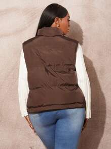 SHEIN SXY Plus Size Stand Collar Padded Vest In Solid Color, Casual Autumn/Winter - Coffee Brown - View 2