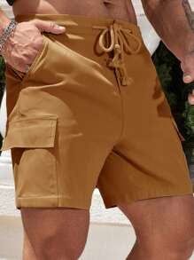 Manfinity Homme Men's Solid Color Front Tie Pocket Simple Casual Shorts - Yellow - View 3