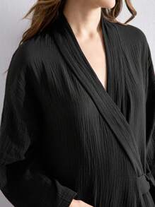 Ocili Leisure 100% Cotton Soft And Comfortable Crepe Robe With Tie - Black - View 4