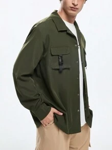 Mainfolk Men's Woven Fashionable Casual Loose Solid Color Long Sleeve Shacket, For Fall Winter - Army Green - View 1