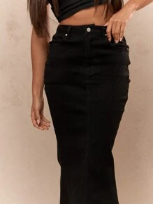 MISSGUIDED Fishtail Hem Back Slit Denim Midi Skirt - Black - View 3
