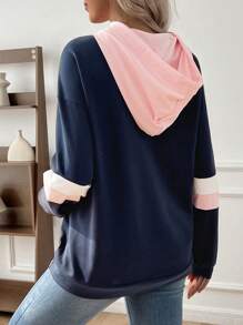 SHEIN Pregnant Women's Casual Color Block Letter Printed Drawstring Hooded Sweatshirt, Autumn, For Maternity, For Winter