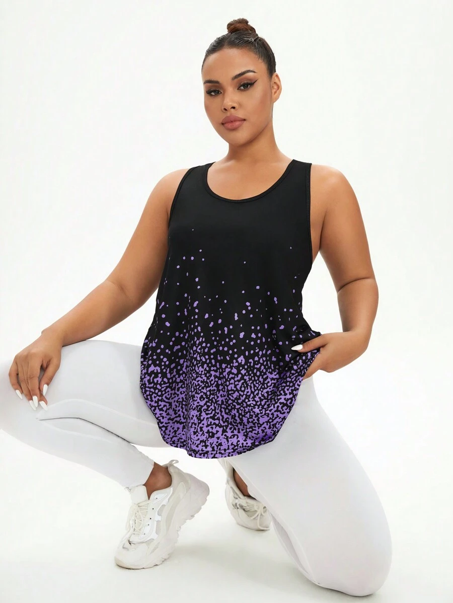 Easithlete Plus Size Full Graphic Floral Print Round Neck Sports Tank Top - Multicolor - View 1