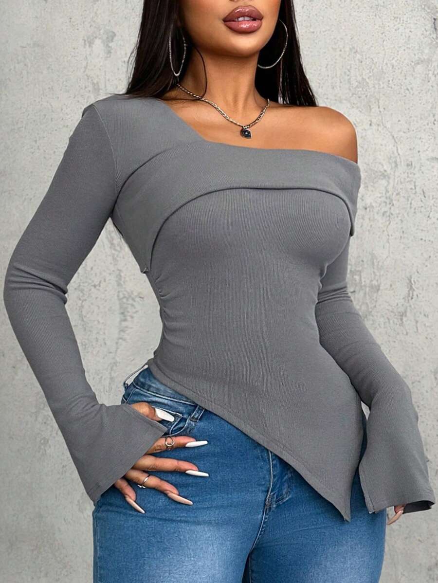 VaVaBold 女士灰色秋季不对称下摆长袖针织 T 恤 - 灰色 - 查看 1