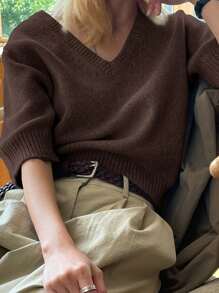 DAZY Women's Solid Color Minimalist V-Neck Casual Commuting Neutral Short Sleeve Sweater,Back To School Clothes,Teacher Outfits Fall - Coffee Brown - View 4