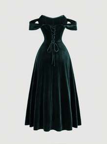 SHEIN MOD 浪漫深绿色仿鱼骨设计露肩连衣裙、晚礼服、正式礼服、舞会礼服 - 墨綠色 - 查看 2