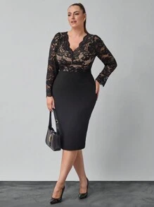 SHEIN Clasi Plus Size Women  Lace Patchwork High Waist Elegant Office & Party Dress - Black - View 1