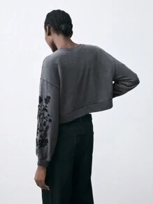 Maija Sudadera con cuello redondo de manga larga de felpa con estampado de copos de nieve gris para mujer en otoño e invierno