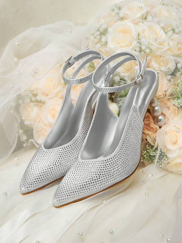CUCCOO HITCHD Women's Pointed Toe High Heel Pearl Embellished Rhinestone Ankle Strap Pumps