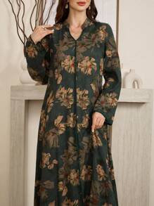 Al Najma Vestido elegante de estilo árabe con estampado floral, cuello en V y manga larga, vestido maximodesto de línea A, para uso casual diario/en casa/al aire libre