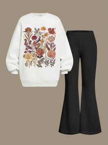 SHEIN Leap Crew 压花套装、波西米亚风野花、复古、植物套装、复古植物套装、粉彩花卉自然套装、花园爱好者礼物、2 件 Tween 女孩针织宽松字母印花运动衫和喇叭裤休闲装 - 彩色 - 查看 3