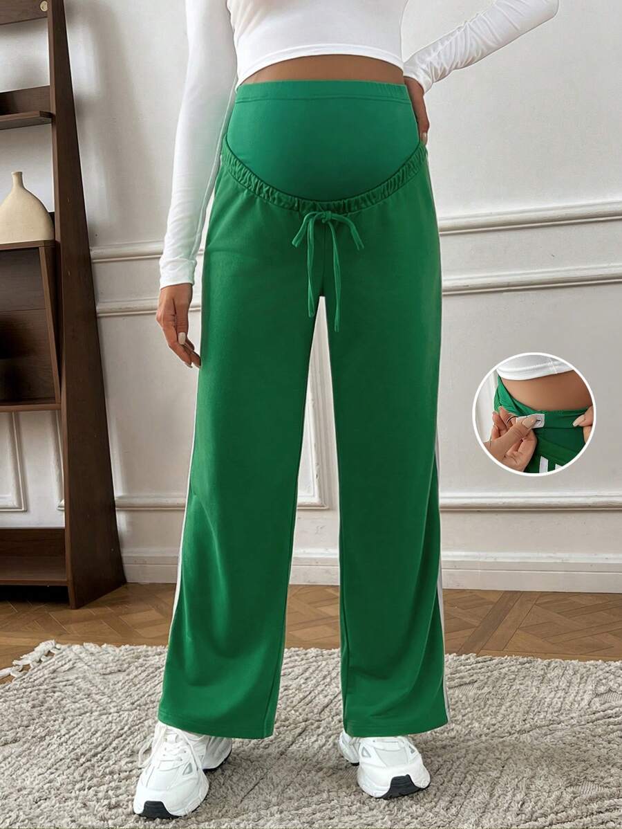 SHEIN Maternity Casual Colorblock Striped High Waist Straight Leg Pants - Green - View 1