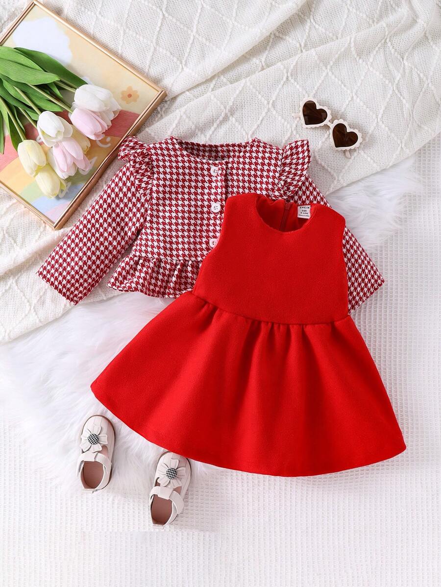 Bộ trang phục dự tiệc Giáng sinh cho bé gái 2 món, váy in họa tiết răng sói kèm áo khoác, trang phục thời trang cho các buổi tụ họp và chụp ảnh ngày lễ - Đỏ - Xem 1