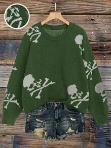 SHEIN LUNE Áo len dài tay cổ tròn họa tiết đầu lâu cỡ lớn, chất liệu dệt kim, thích hợp cho mùa thu đông. - màu xanh lá - Xem 1