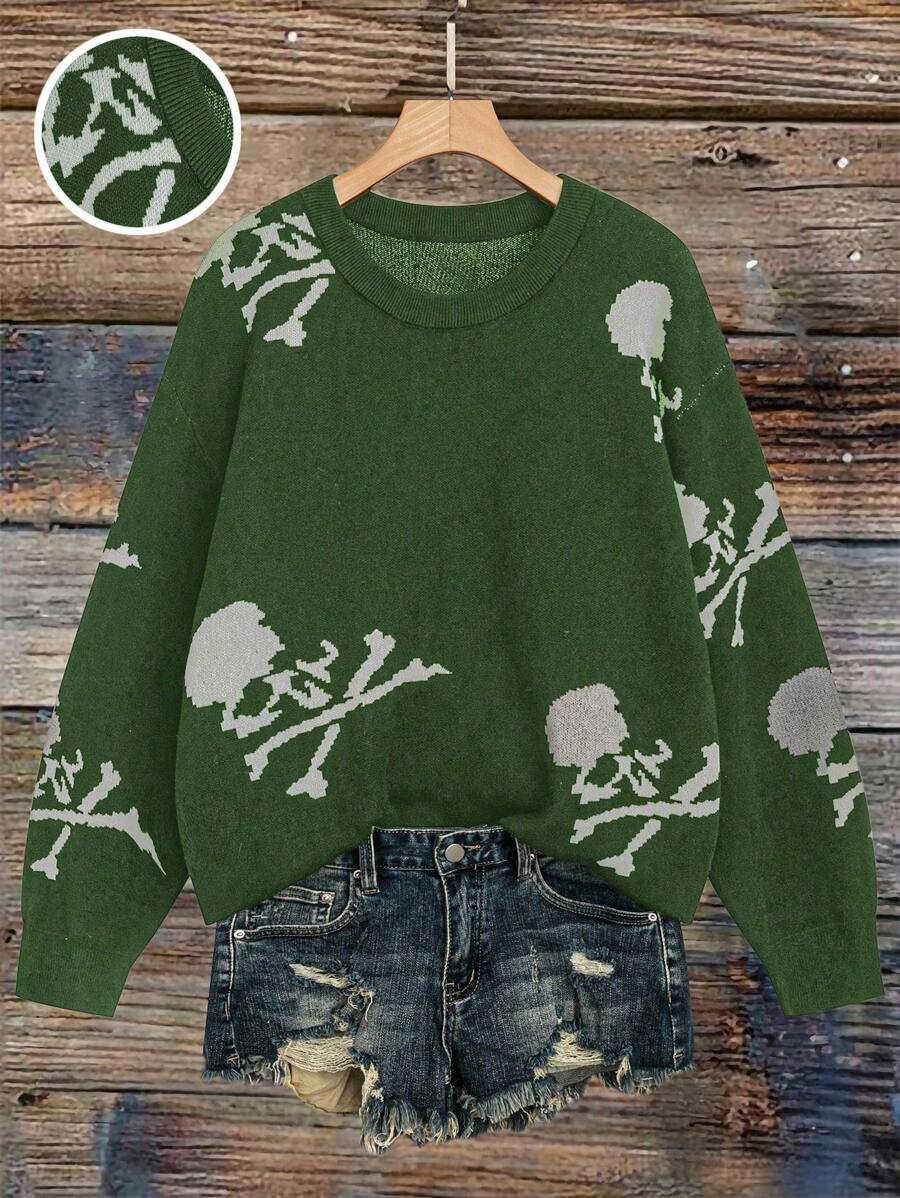 SHEIN LUNE Áo len dài tay cổ tròn họa tiết đầu lâu cỡ lớn, chất liệu dệt kim, thích hợp cho mùa thu đông. - màu xanh lá - Xem 1