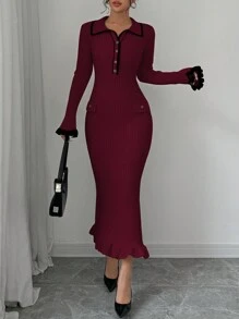 Selianne 女士优雅撞色翻领喇叭袖针织毛衣连衣裙，秋季 - 酒紅色 - 查看 4