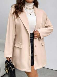 SHEIN Privé Plus Size Women's Apricot Notched Collar Minimalist Business Blazer - Apricot - View 9