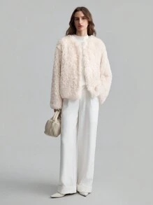 Ontre Women's Long Sleeve Round Neck Fluffy Jacket, Apricot Color Furry Long Coat For Autumn/Winter
