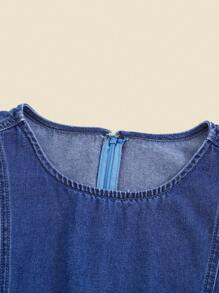 THE HAPPY LOOK 青少年女孩蓝色牛仔圆领短袖 A 字型基本款纯色腰部收紧休闲连衣裙，秋冬