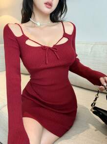 DAZY Váy len bó sát mini buộc dây thanh lịch, váy đỏ mùa thu dành cho nữ, váy Giáng sinh - Đỏ - Xem 4