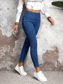 Jeans casuales de unicolor y sencillos para mujer - Negro - Ver 2