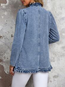 EMERY ROSE Women's Solid Color Double-Breasted Ruffled Hem Casual Long Sleeve Denim Jacket Thickened Denim - Blue - View 2