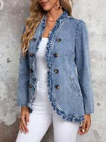 EMERY ROSE Women's Solid Color Double-Breasted Ruffled Hem Casual Long Sleeve Denim Jacket Thickened Denim - Blue - View 4