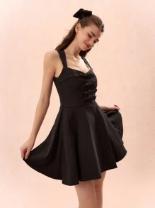 Enchnt Women Solid Color Thick Strap Sleeveless Dress - Black - View 6