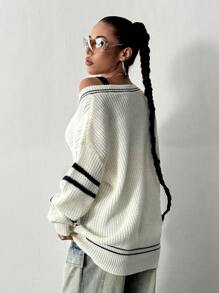 Flirla Women Contrast Color Knitted Long Sleeve Sweater