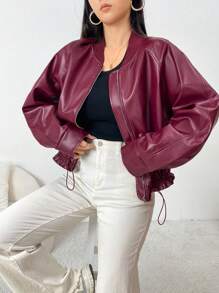 Seusyu Burgundy Red Women's Plain Color Drawstring Hem Jacket, Autumn - Burgundy - View 5