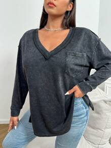 SHEIN EZwear Camiseta de manga larga de corte holgado, tejida, desgastada con efecto de lavado ácido, de aspecto vintage, para tallas grandes