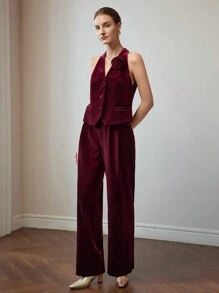 MOTF PREMIUM VELVET STEREO FLOWER DETAIL HALTER NECK WAISTCOAT - Burgundy - View 4