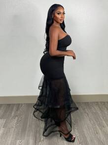 Slaydiva Váy xếp nếp lưới đen chắp vá cho nữ - màu đen - Xem 4