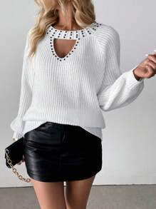 Chiquease 女士秋冬宽松领口露肩插肩长袖白色针织套头衫 - 白色 - 查看 1