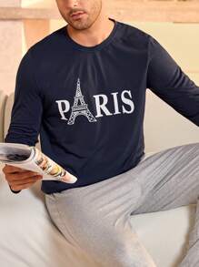 Manfinity Underwear&Sleepwear Basics Men's Letter Printed Round Neck Long Sleeve Casual Loungewear Top