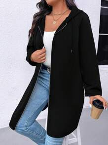 SHEIN LUNE 加大码纯色长袖前拉链简约连帽外套，休闲日常穿着 - 黑色 - 查看 1