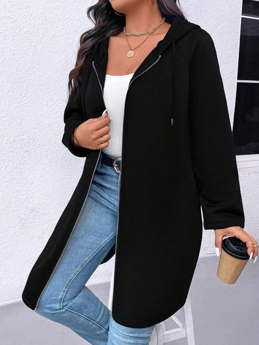 SHEIN LUNE 加大码纯色长袖前拉链简约连帽外套，休闲日常穿着 - 黑色 - 查看 1