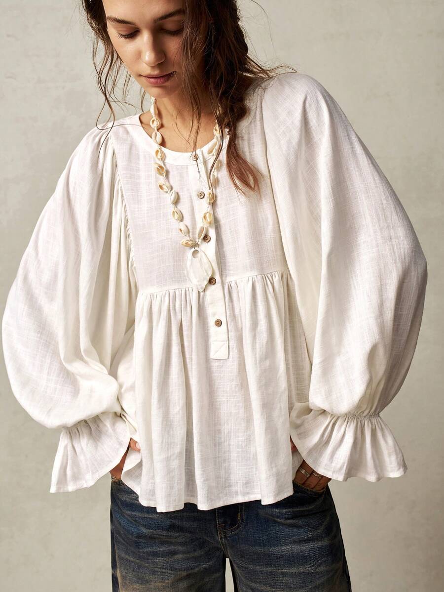 Bohemela 休闲纯色雪纺长袖女式衬衫 - 白色 - 查看 1