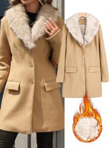 SHEIN Clasi 纯色长袖前扣口袋优雅修身羊毛混纺外套冬季女装 - 棕色 - 查看 6