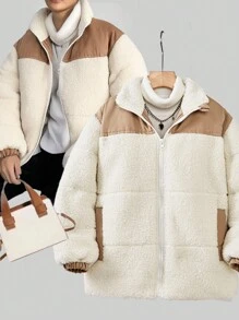 Tween Girls Colorblock Loose Fit Faux Shearling Lined Winter Warm Collared Padded Coat - Multicolor - View 3