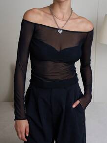 INAWLY Women Off Shoulder Long Sleeve Mesh Sexy Fashion Blouse Fall Cloth For Women - Black - View 3